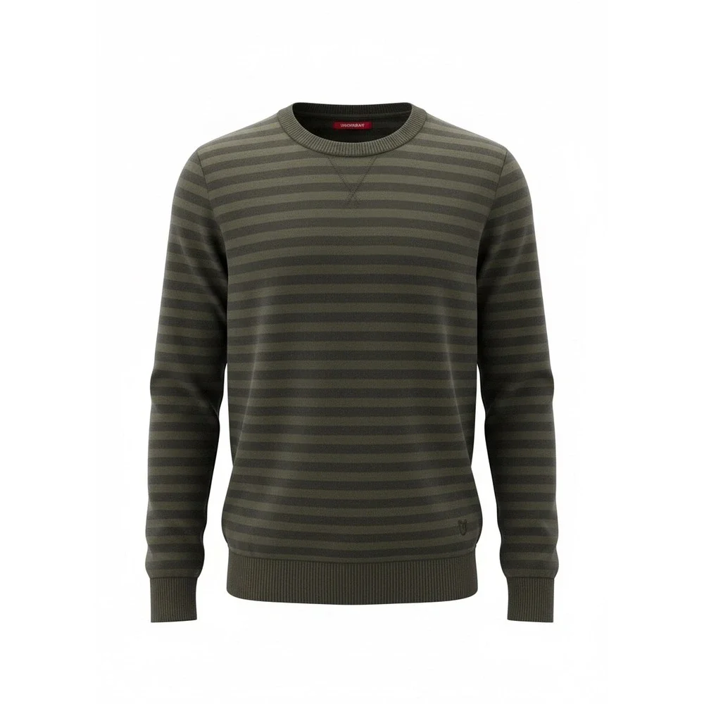 Unionbay Mens‎ Crewneck Sweater Olive Green Charcoal Striped Acrylic Large L